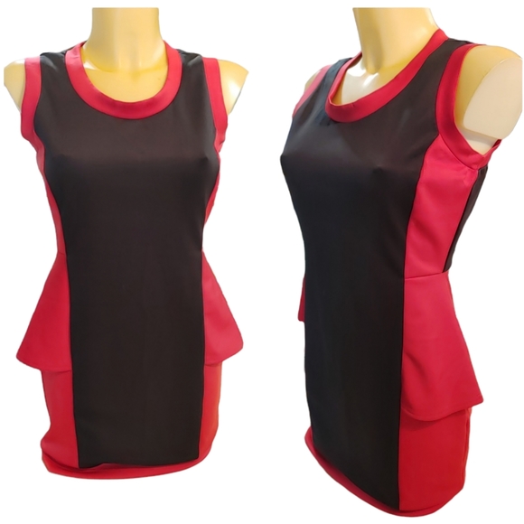 ❗$1 Bundled❗DOTS Red and Black Bodycon Dress with Flare on Hips - Picture 2 of 5